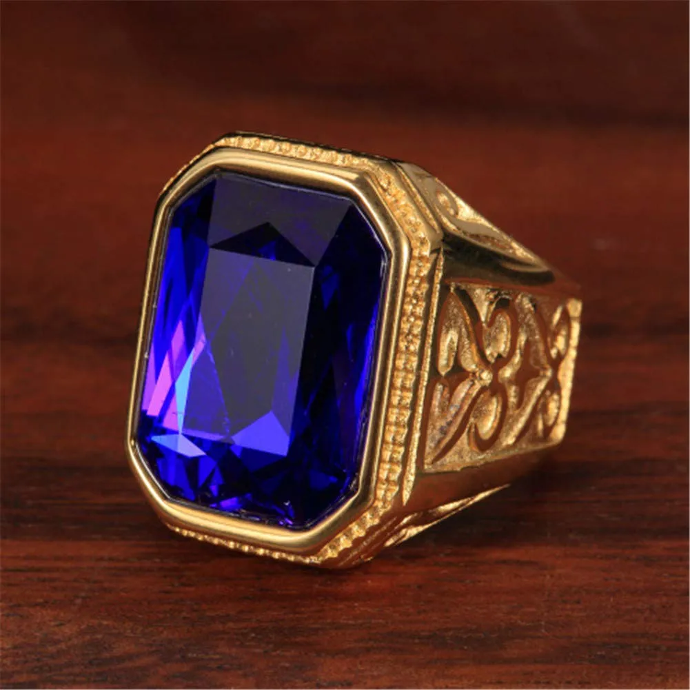 PAURO Anello da Sposa Annata Quadrato in Acciaio Inossidabile Dorato con Grande Pietra Blu Taglia 22 - immagine 3