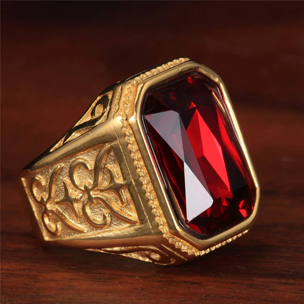 PAURO Anello da Sposa Annata Quadrato in Acciaio Inossidabile Dorato con Grande Pietra Rossa Taglia 17 - immagine 2