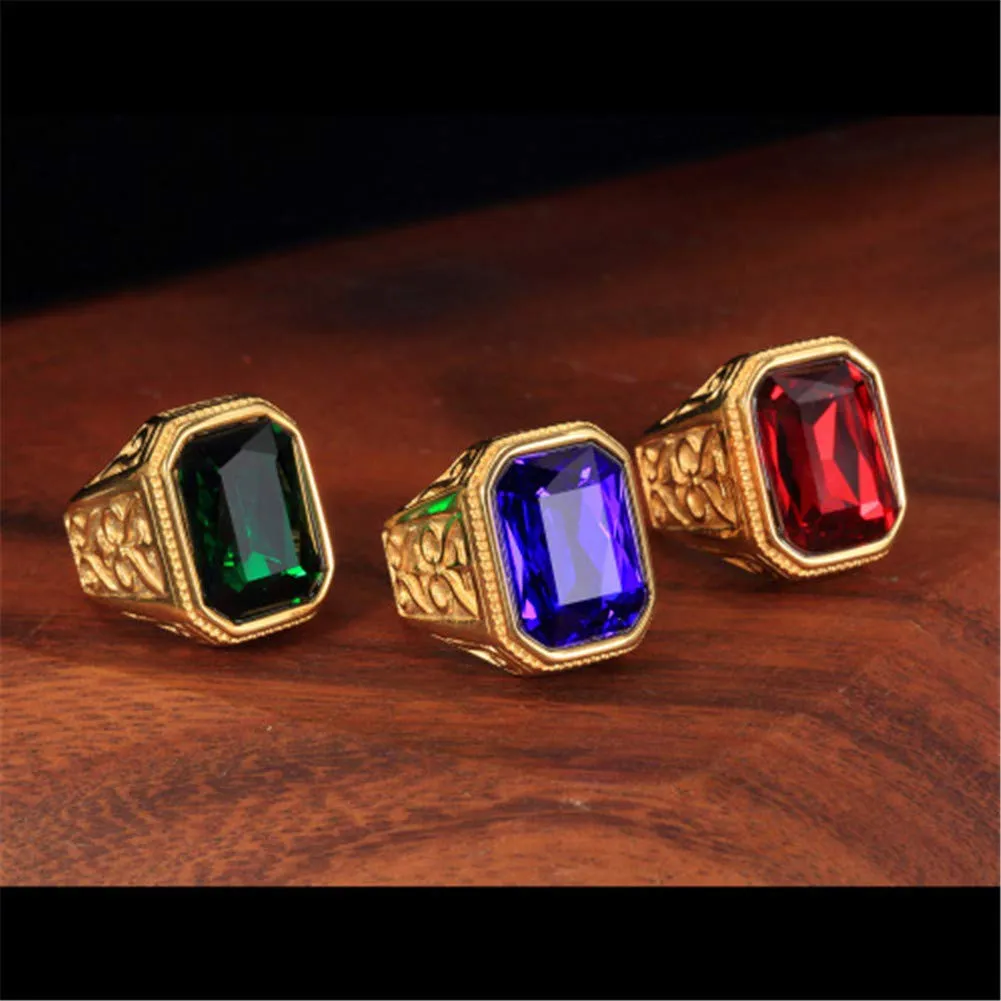 PAURO Anello da Sposa Annata Quadrato in Oro in Acciaio Inossidabile con Grande Pietra Verde Taglia 19 - immagine 4