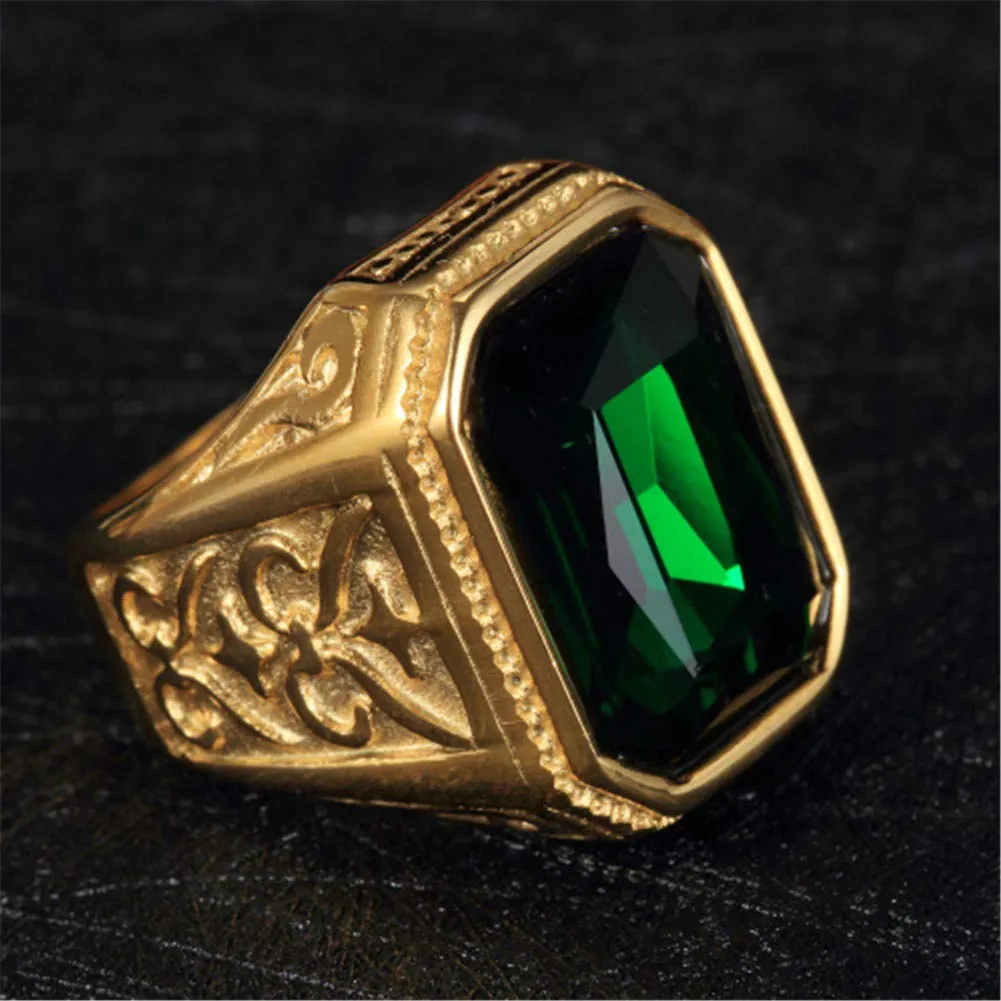 PAURO Anello da Sposa Annata Quadrato in Acciaio Inossidabile Dorato con Grande Pietra Verde Taglia 22 - immagine 2