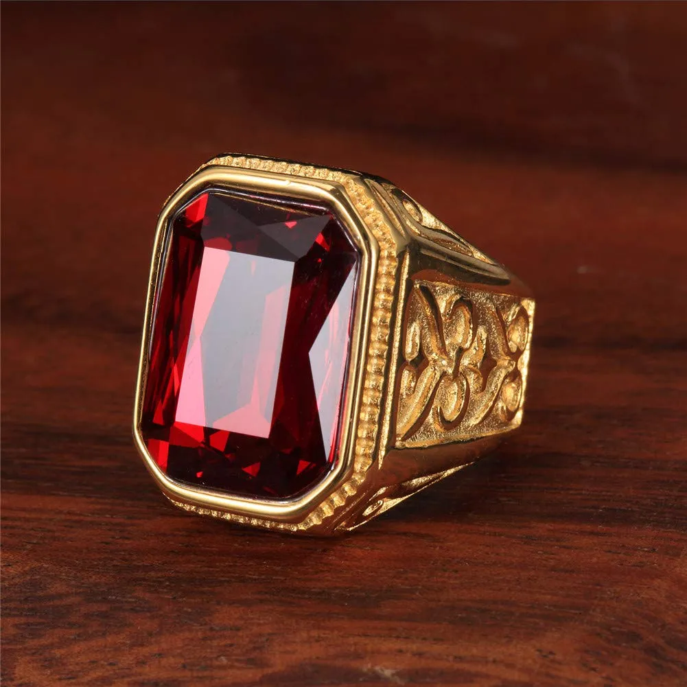 PAURO Anello da Uomo Annata in Acciaio Inossidabile Quadrato Dorato con Grande Pietra Rossa Taglia 19 - immagine 3
