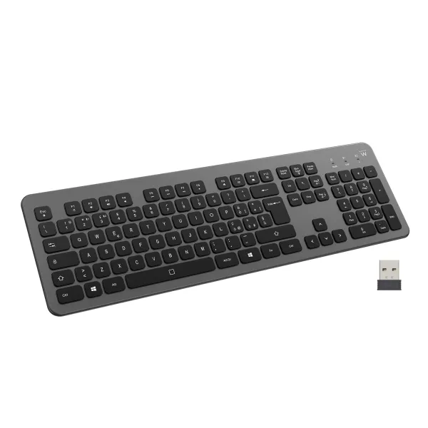 Tastiera wireless Ewent - Batteria al litio ricaricabile da 300 mAh - Layout QWERTY IT italiano - Retroilluminata - Tasti silenziosi e a basso profilo - Nero/Grigio - immagine 1