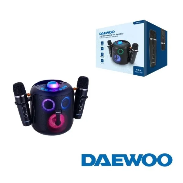 Altoparlante karaoke portatile Daewoo DW3008 da 15 W con Bluetooth 5.4 2 microfoni wireless luci a LED radio FM USB/SD/Aux batteria da 1800 mAh ricarica USB-C maniglia per il trasporto e supporto per telefono colore nero - immagine 1