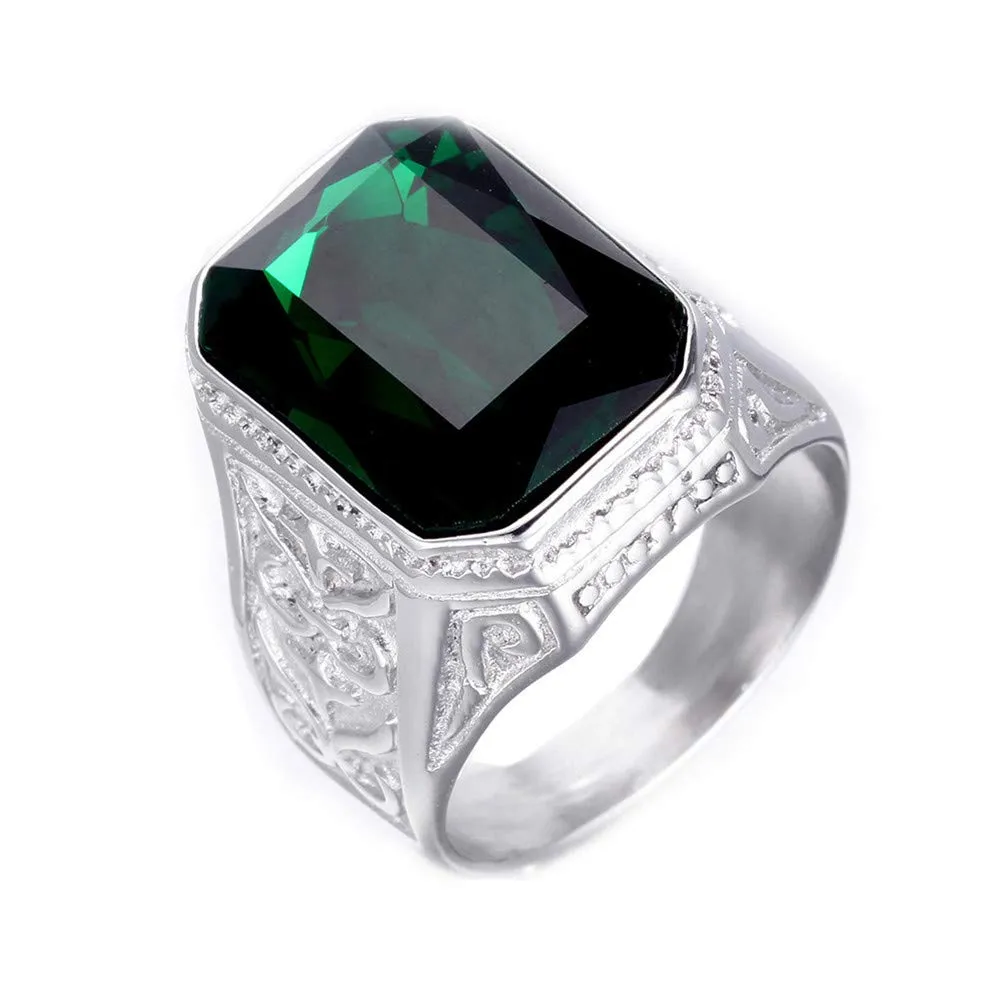 PAURO Uomo Anello da Sposa Vintage in Acciaio Inossidabile Pregiato con Smeraldo e Grande Pietra Verde Argento Misura 17 - immagine 1