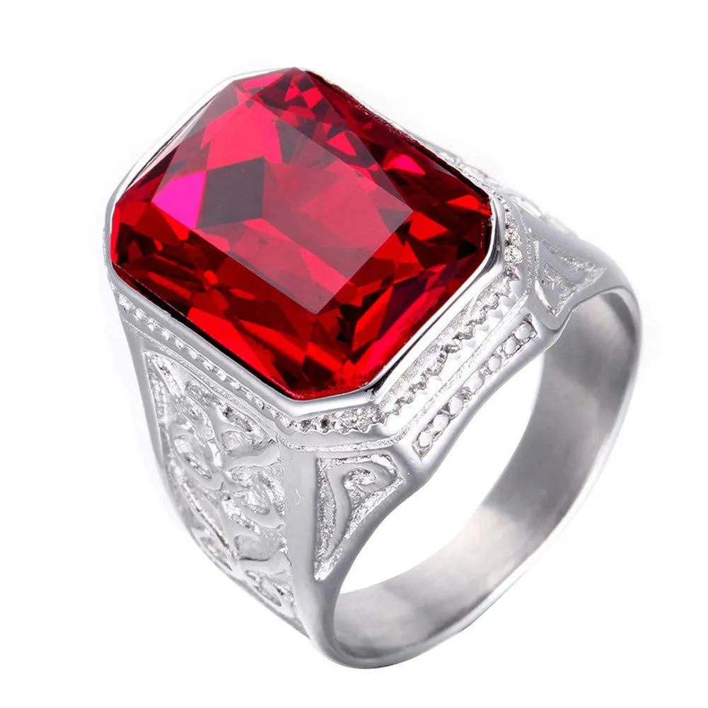 PAURO Uomo Anello da Sposa Vintage in Acciaio Inossidabile Pregiato con Rubino e Grande Pietra Argento Rosso Misura 19 - immagine 1