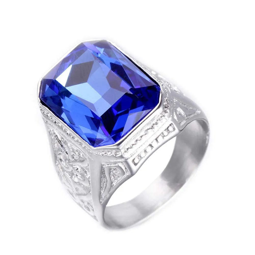 PAURO Uomo Anello da Sposa in Acciaio Inossidabile Vintage con Zaffiro Promettere con Pietra Grande Argento Blu Misura 25 - immagine 1
