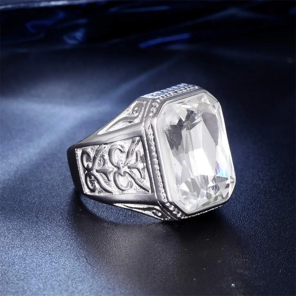 PAURO Uomo Vintage Promettere Nozze in Acciaio Inossidabile Anello Cubico in Zircone con Pietra Grande Argento Bianco Misura 27 - immagine 2