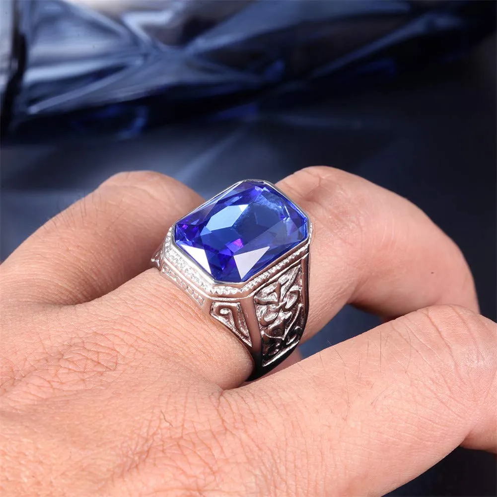 PAURO Uomo Anello da Sposa in Acciaio Inossidabile Vintage con Zaffiro Promettere con Pietra Grande Argento Blu Misura 22 - immagine 5