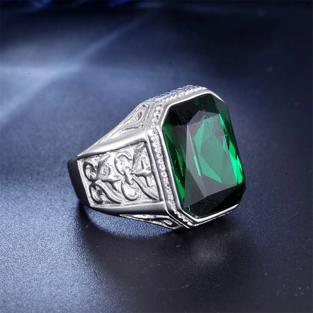 PAURO Uomo Anello da Sposa Vintage in Acciaio Inossidabile Pregiato con Smeraldo e Grande Pietra Verde Argento Misura 27 - immagine 2