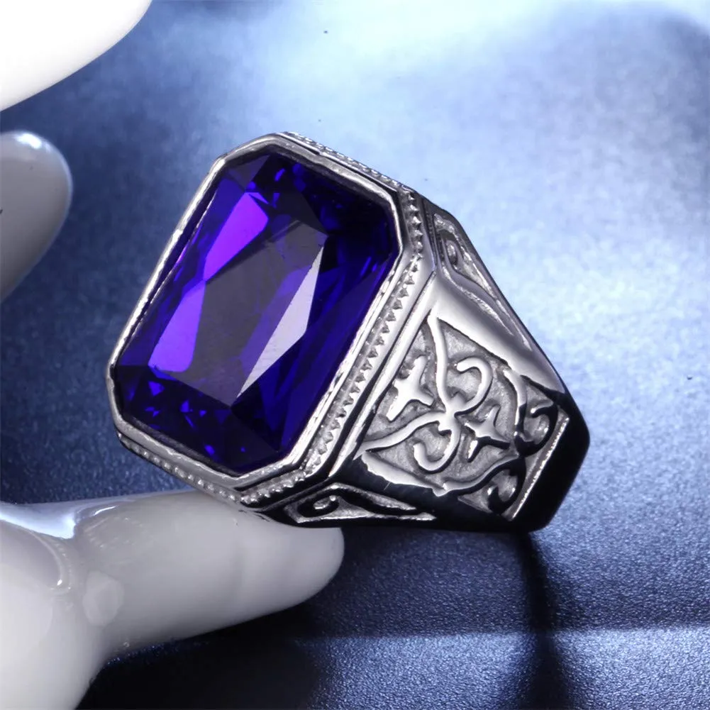 PAURO Uomo Vintage Promettere Nozze in Acciaio Inossidabile Anello Cubico in Zircone con Pietra Grande Argento Blu Scuro Misura 17 - immagine 2