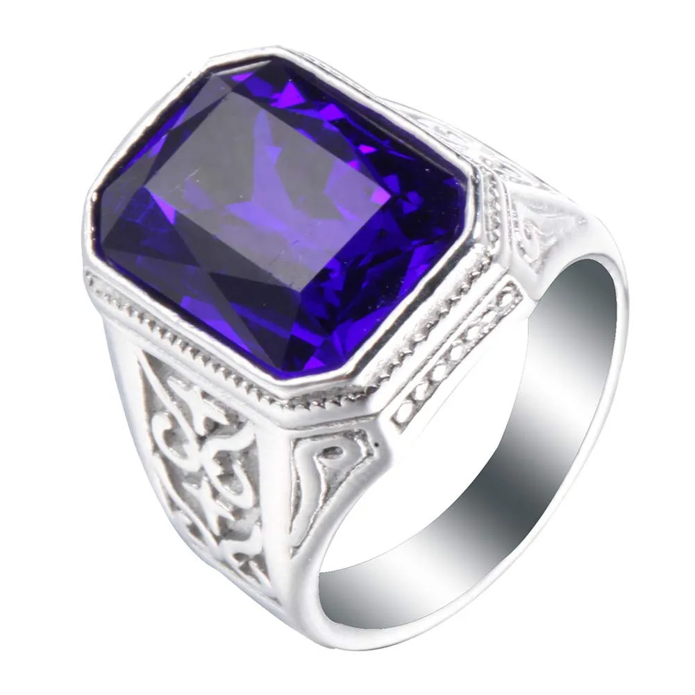 PAURO Uomo Vintage Promettere Nozze in Acciaio Inossidabile Anello Cubico in Zircone con Pietra Grande Argento Blu Scuro Misura 29 - immagine 1
