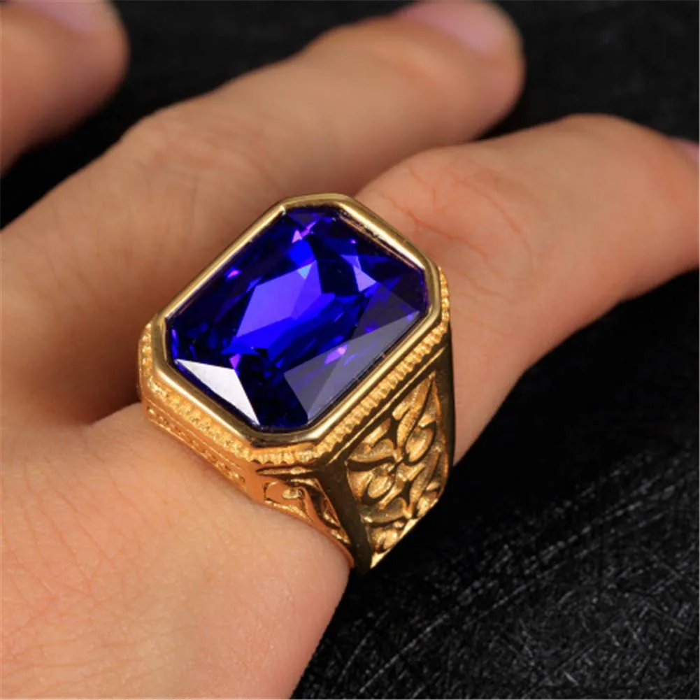 PAURO Anello da Sposa Annata Quadrato in Acciaio Inossidabile Dorato con Grande Pietra Blu Taglia 14 - immagine 6