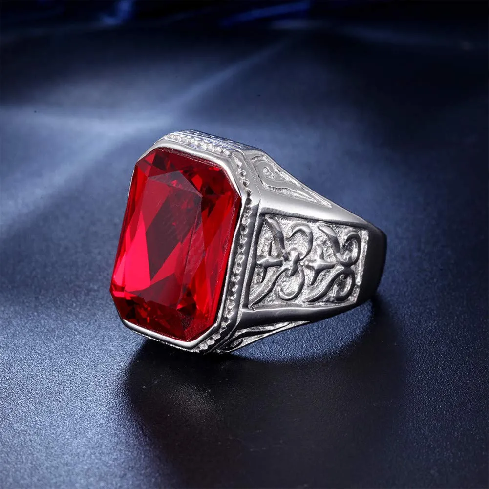 PAURO Uomo Anello da Sposa Vintage in Acciaio Inossidabile Pregiato con Rubino e Grande Pietra Argento Rosso Misura 14 - immagine 2