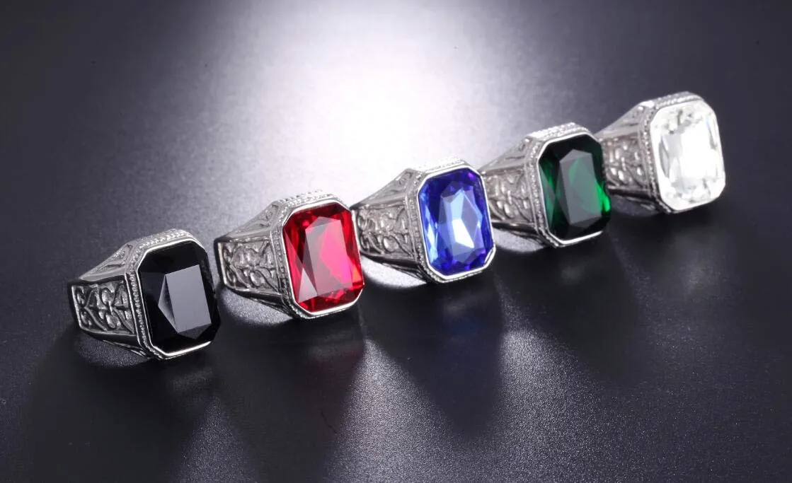 PAURO Uomo Anello da Sposa Vintage in Acciaio Inossidabile Pregiato con Smeraldo e Grande Pietra Verde Argento Misura 14 - immagine 4