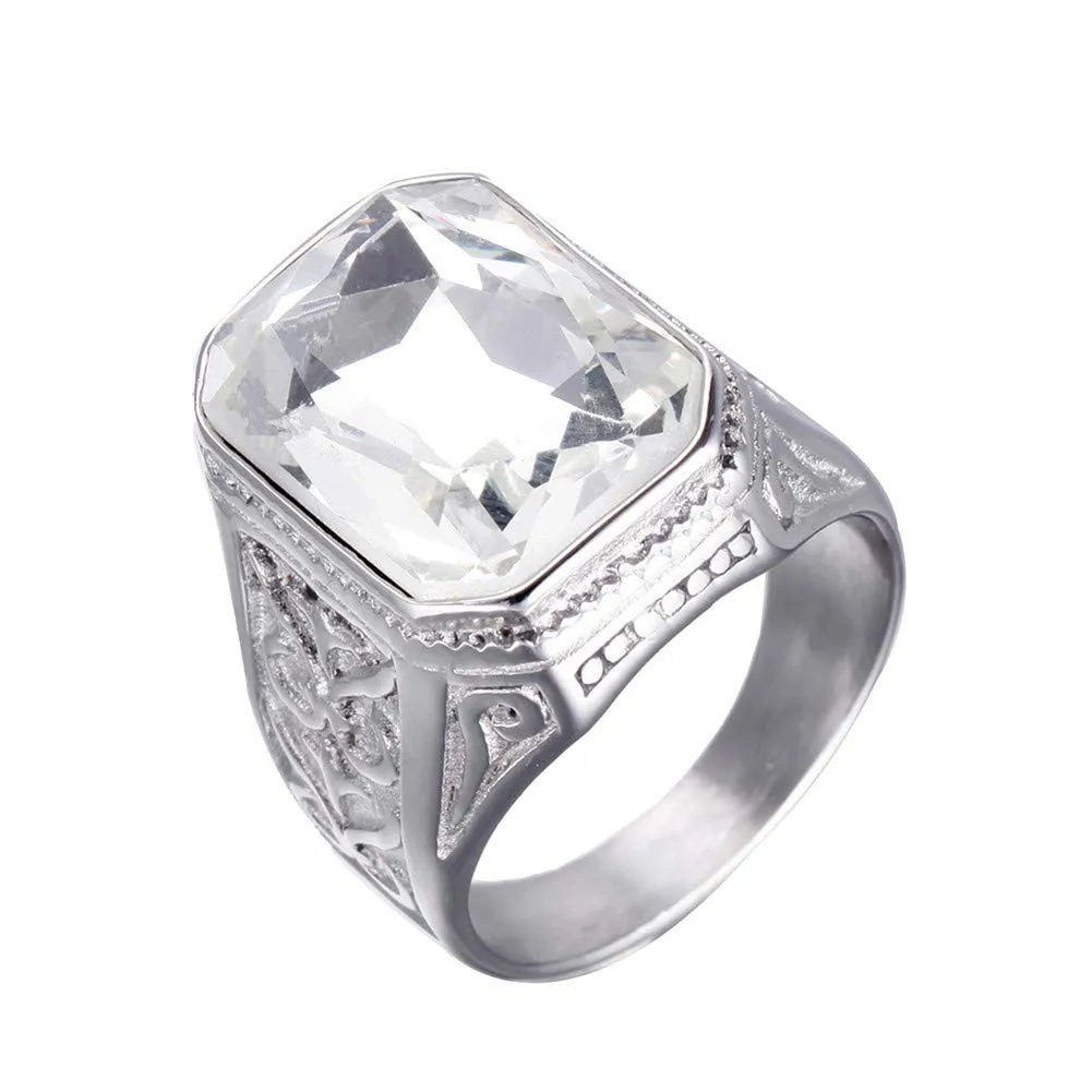 PAURO Uomo Vintage Promettere Nozze in Acciaio Inossidabile Anello Cubico in Zircone con Pietra Grande Argento Bianco Misura 14 - immagine 1