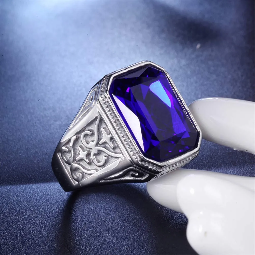 PAURO Uomo Vintage Promettere Nozze in Acciaio Inossidabile Anello Cubico in Zircone con Pietra Grande Argento Blu Scuro Misura 19 - immagine 3