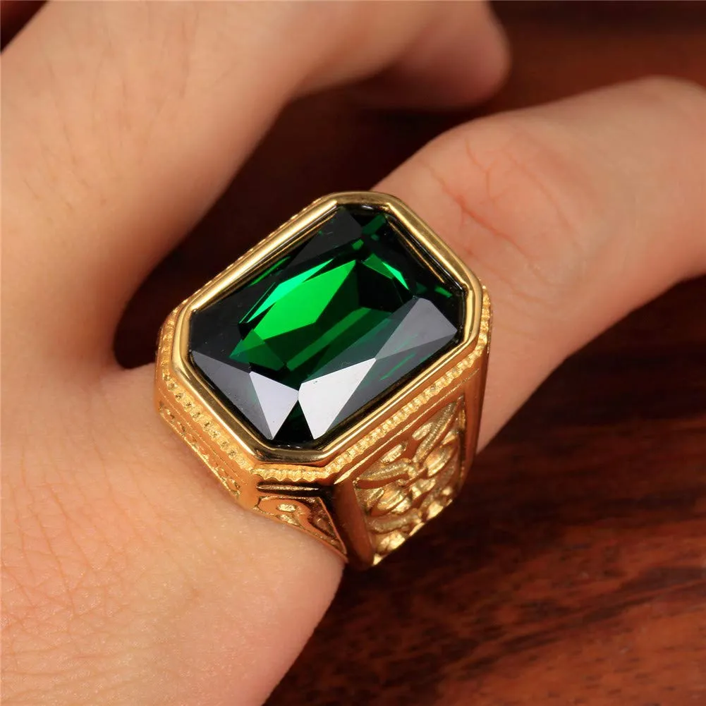 PAURO Anello da Sposa Annata Quadrato in Acciaio Inossidabile Dorato con Grande Pietra Verde Taglia 14 - immagine 5