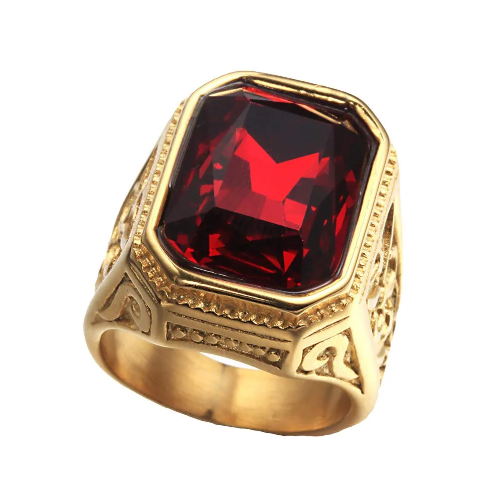 PAURO Anello da Sposa Annata Quadrato in Acciaio Inossidabile Dorato con Grande Pietra Rossa Taglia 14 - immagine 1