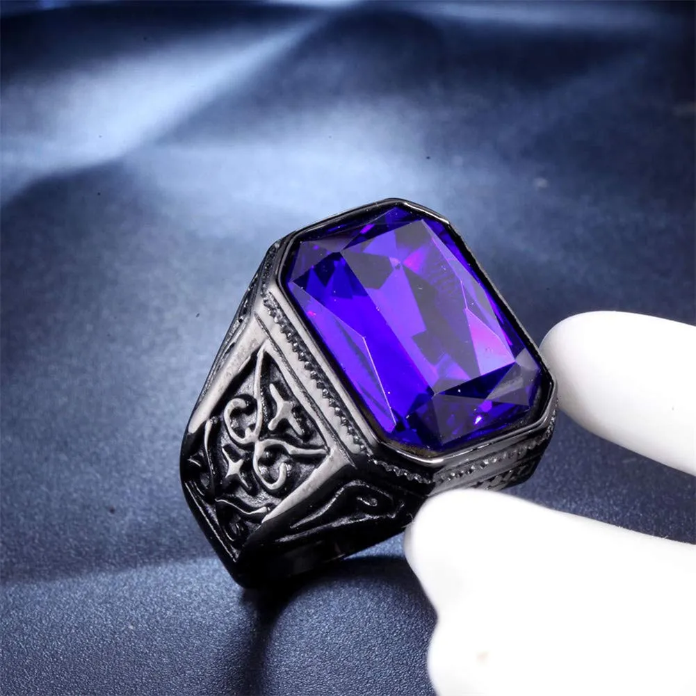 PAURO Uomo Anello da Sposa Vintage in Acciaio Inossidabile Pregiato con Smeraldo e Grande Pietra Nero Blu Scuro Misura 22 - immagine 2