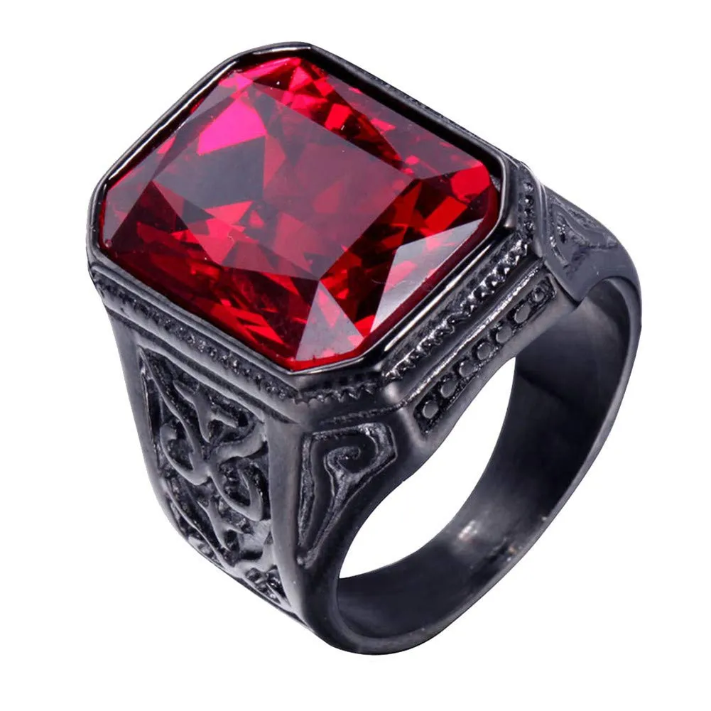 PAURO Uomo Anello da Sposa Vintage in Acciaio Inossidabile Pregiato con Smeraldo e Grande Pietra Nero Rosso Misura 19 - immagine 1