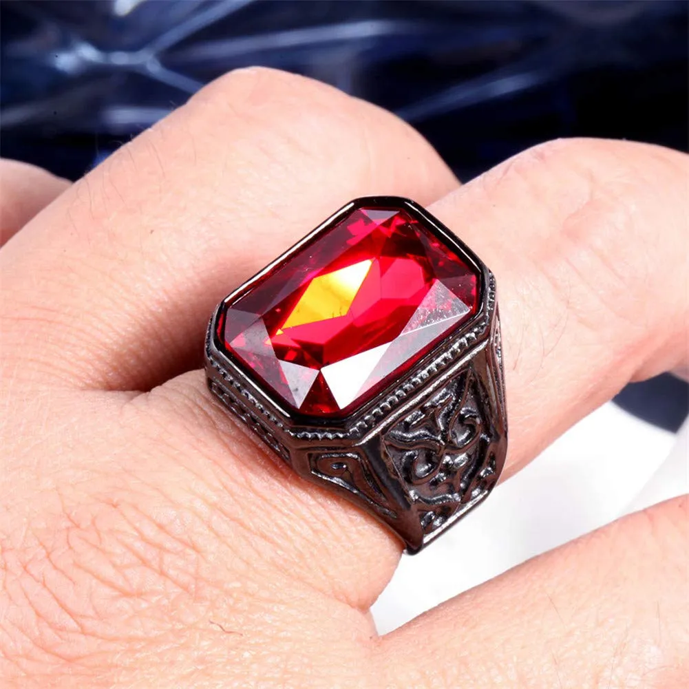 PAURO Uomo Anello da Sposa Vintage in Acciaio Inossidabile Pregiato con Smeraldo e Grande Pietra Nero Rosso Misura 22 - immagine 2