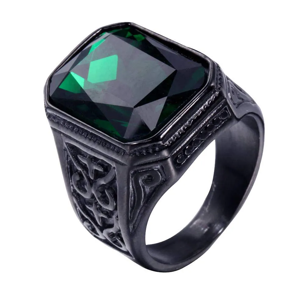 PAURO Uomo Anello da Sposa Vintage in Acciaio Inossidabile Pregiato con Smeraldo e Grande Pietra Nero Verde Misura 25 - immagine 1