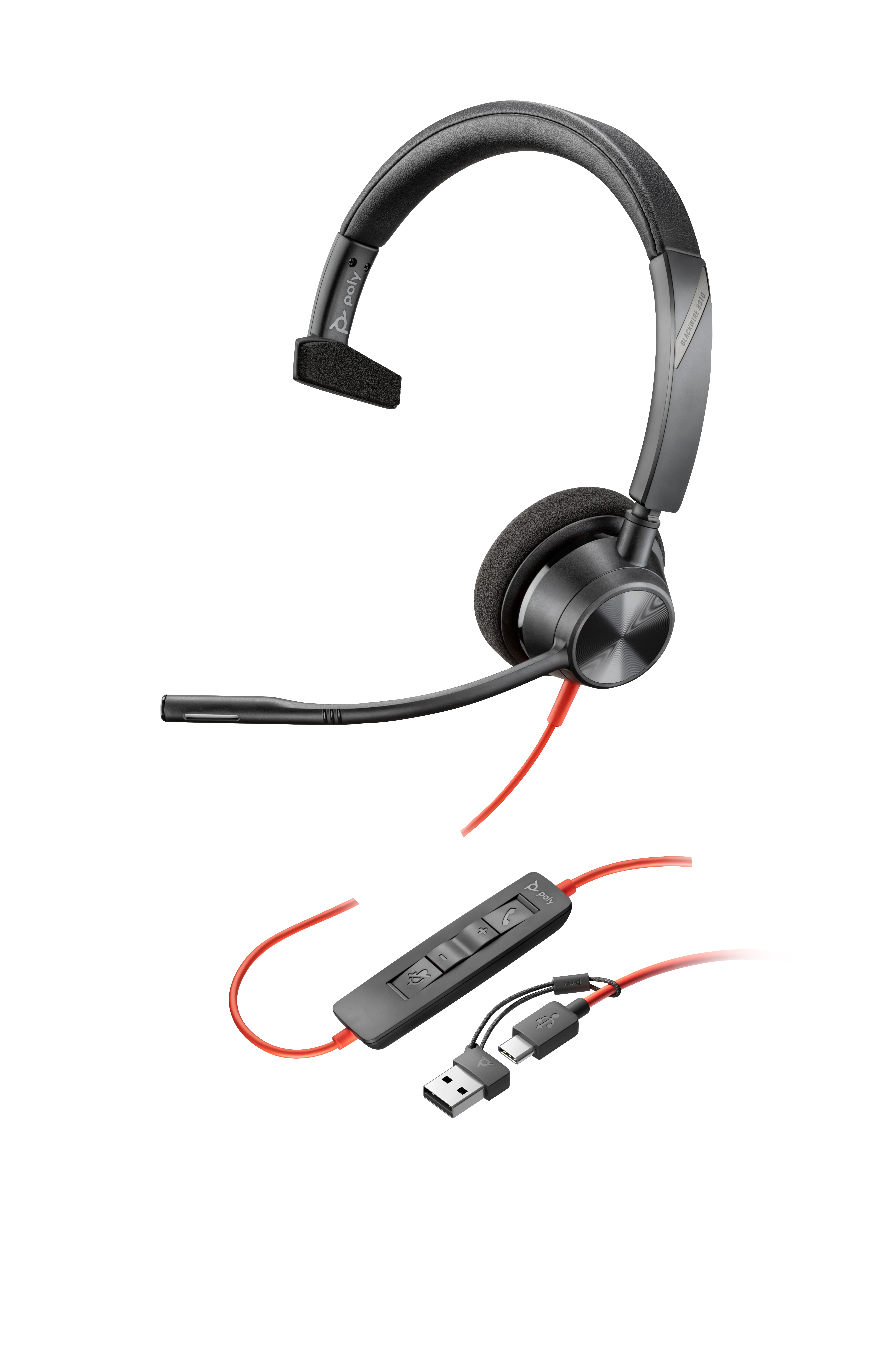 HP Poly Cuffie monoaurali Poly Blackwire 3310 con connettore USB-C + adattatore USB-C/A - immagine 1