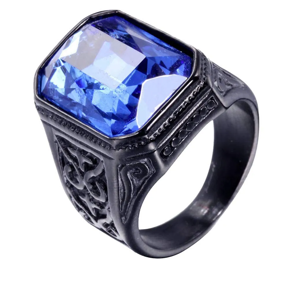PAURO Uomo Anello da Sposa Vintage in Acciaio Inossidabile Pregiato con Smeraldo e Grande Pietra Nero Azzurro Misura 14 - immagine 1
