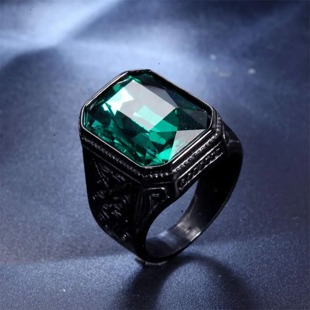 PAURO Uomo Anello da Sposa Vintage in Acciaio Inossidabile Pregiato con Smeraldo e Grande Pietra Nero Verde Misura 14 - immagine 2
