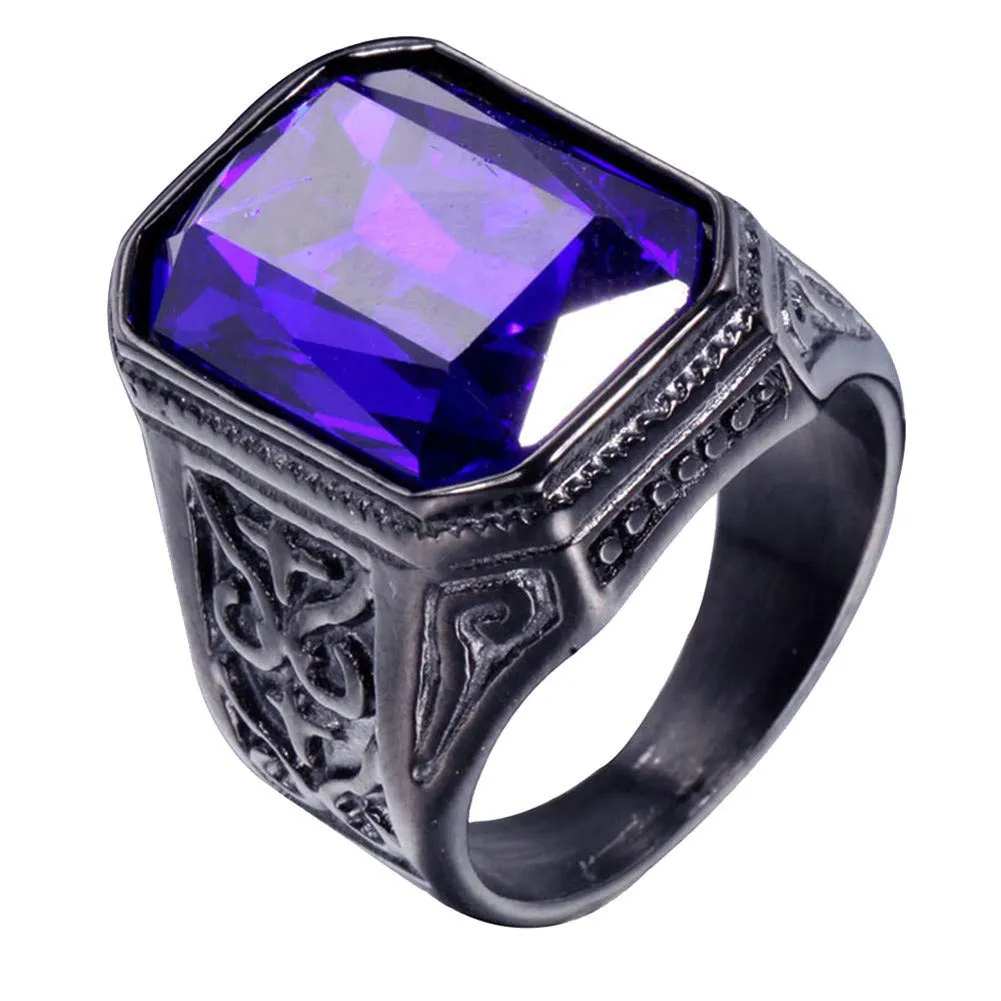 PAURO Uomo Anello da Sposa Vintage in Acciaio Inossidabile Pregiato con Smeraldo e Grande Pietra Nero Blu Scuro Misura 19 - immagine 1
