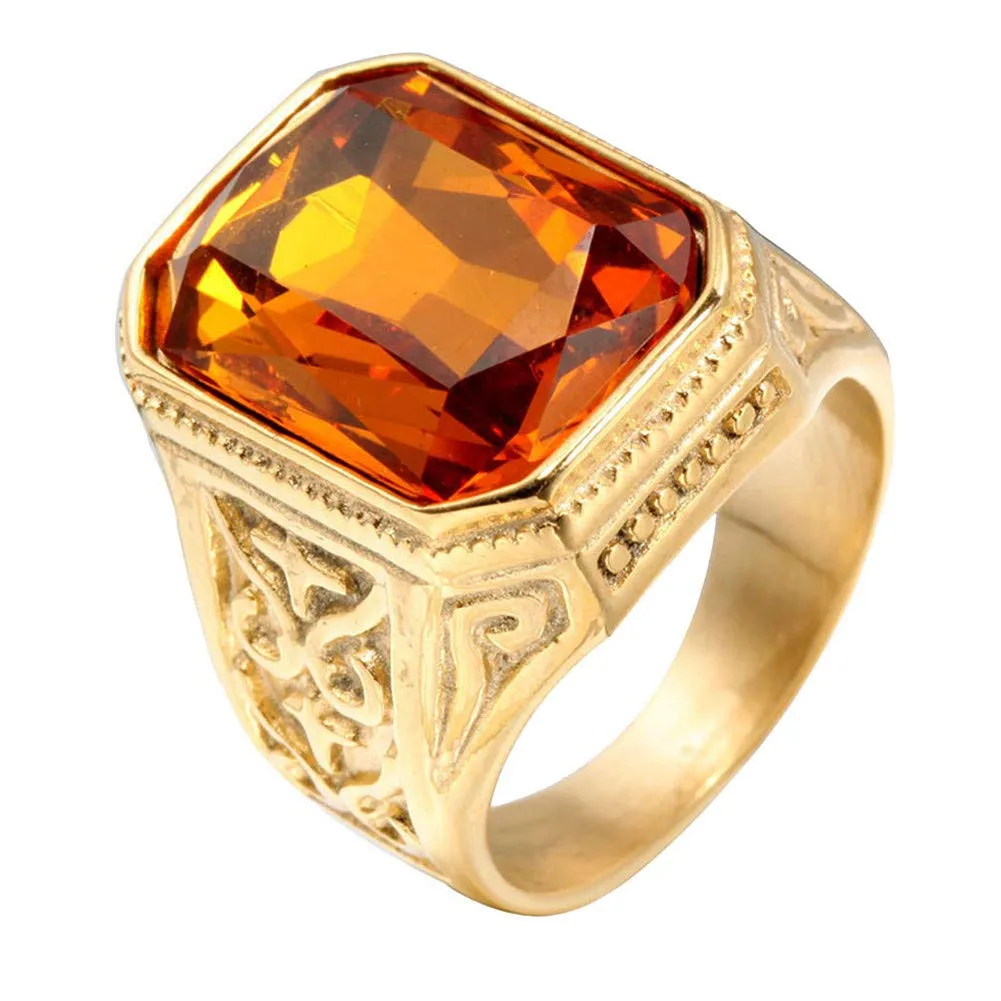 PAURO Uomo Anello da Sposa Vintage in Acciaio Inossidabile Pregiato con Smeraldo e Grande Pietra Oro Arancione Misura 25 - immagine 1