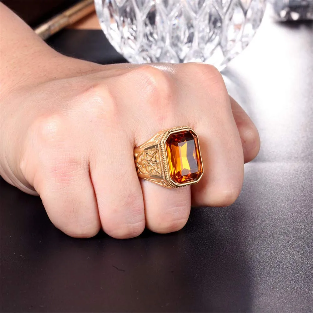 PAURO Uomo Anello da Sposa Vintage in Acciaio Inossidabile Pregiato con Smeraldo e Grande Pietra Oro Arancione Misura 25 - immagine 2