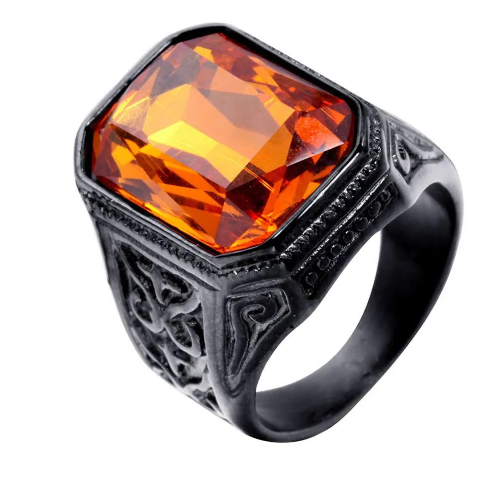 PAURO Uomo Anello da Sposa Vintage in Acciaio Inossidabile Pregiato con Smeraldo e Grande Pietra Nero Arancione Misura 29 - immagine 1