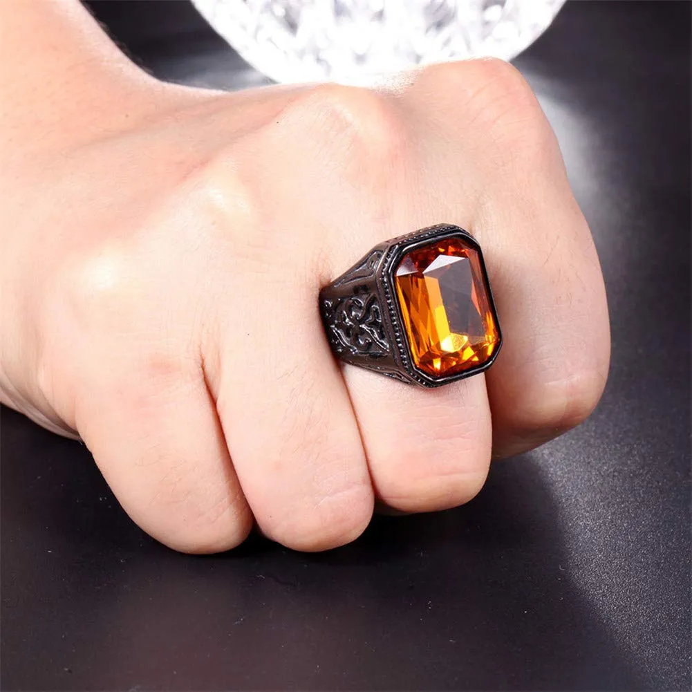PAURO Uomo Anello da Sposa Vintage in Acciaio Inossidabile Pregiato con Smeraldo e Grande Pietra Nero Arancione Misura 29 - immagine 2