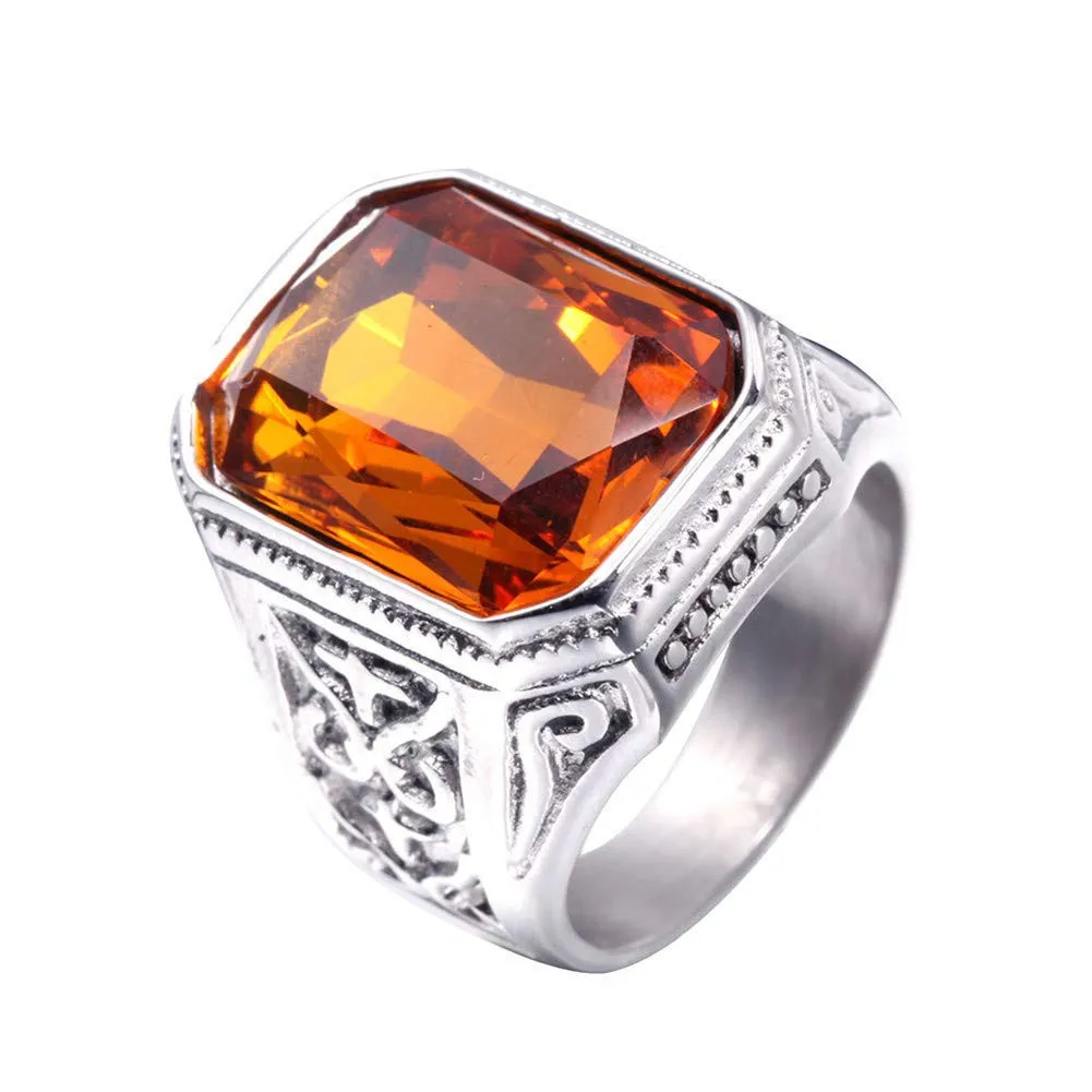 PAURO Uomo Anello da Sposa Vintage in Acciaio Inossidabile Pregiato con Smeraldo e Grande Pietra Argento Arancione Misura 29 - immagine 1
