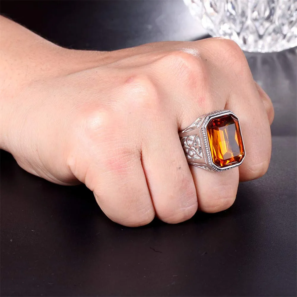 PAURO Uomo Anello da Sposa Vintage in Acciaio Inossidabile Pregiato con Smeraldo e Grande Pietra Argento Arancione Misura 29 - immagine 2