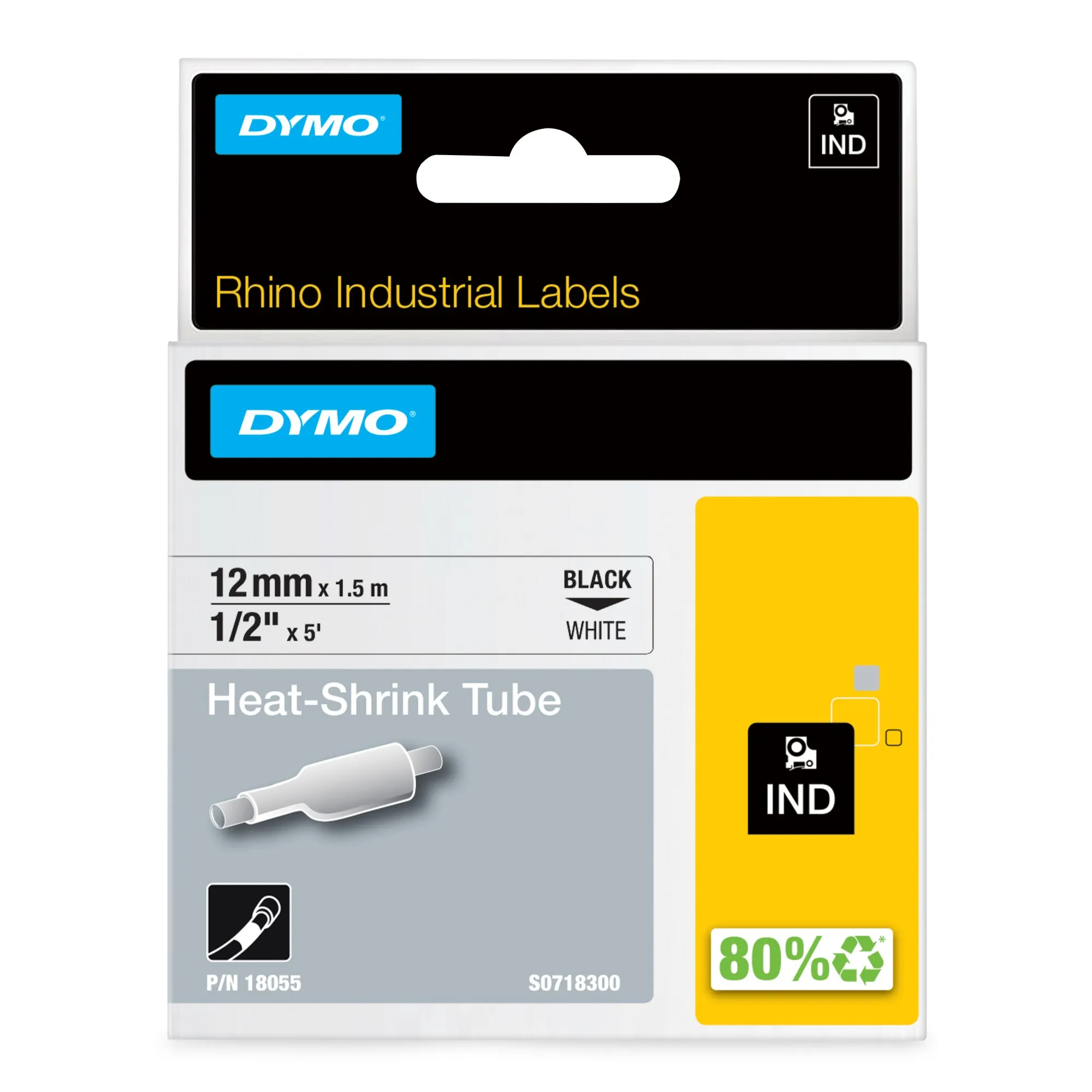 ORIGINALE DYMO Nastro Nero su bianco S0718300 18055 DYMO Rhino etichette industriali tubolari termoretraibili | 12 mm x 15 m | nero su bianco - immagine 1