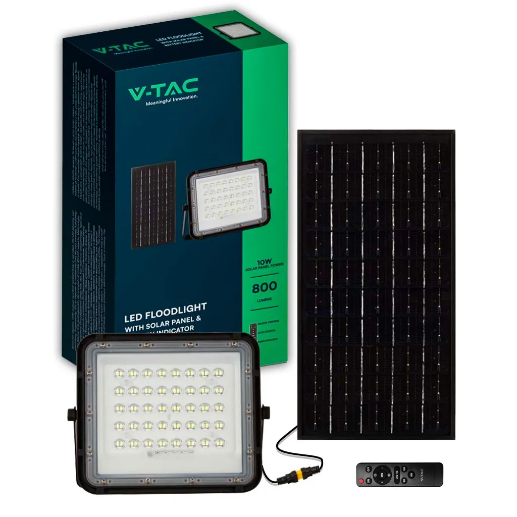 V-TAC Faro LED con Telecomando e Pannello Solare 10W Batteria sostituibile Cavo da 3m Colore Nero 6400K - immagine 1