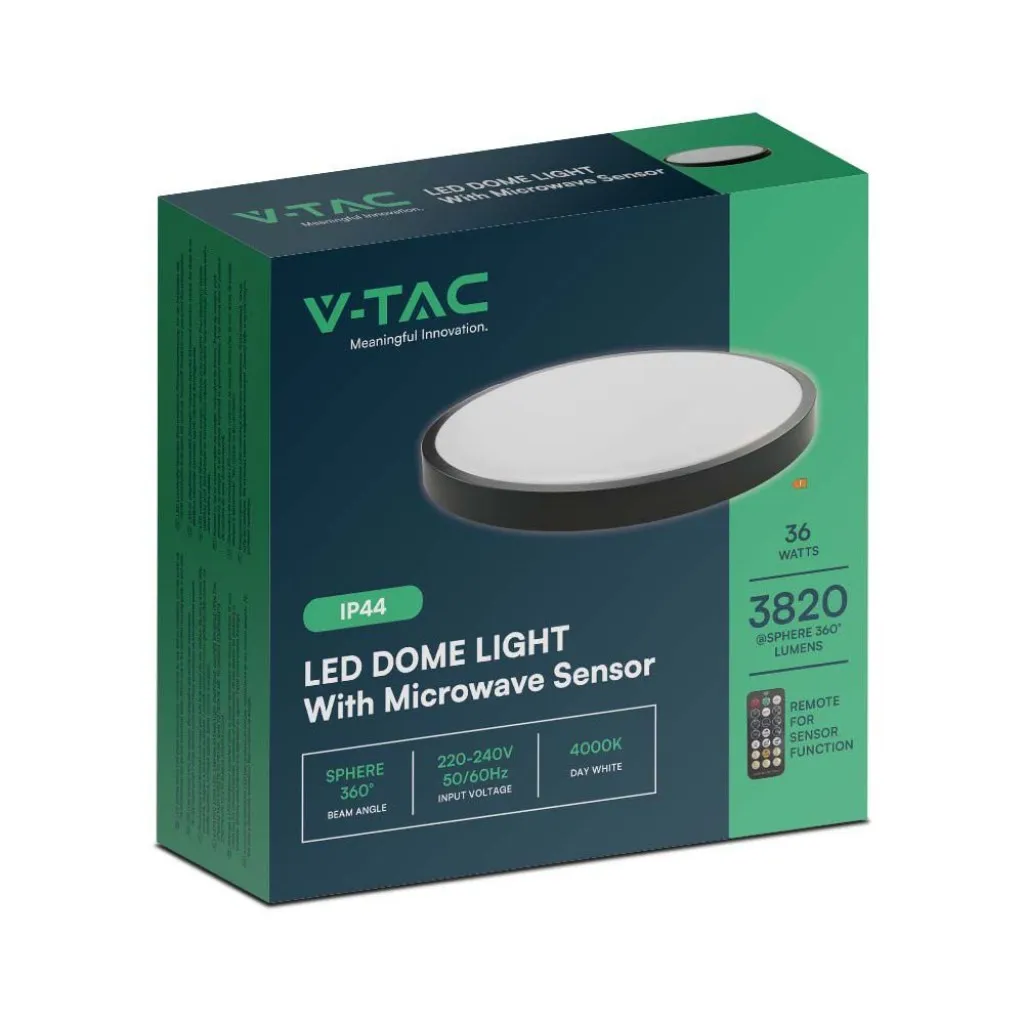 V-TAC Plafoniera LED Rotonda 36W con Telecomando e Sensore di Movimento a Microonde Colore Nero 4000K IP44 - immagine 1