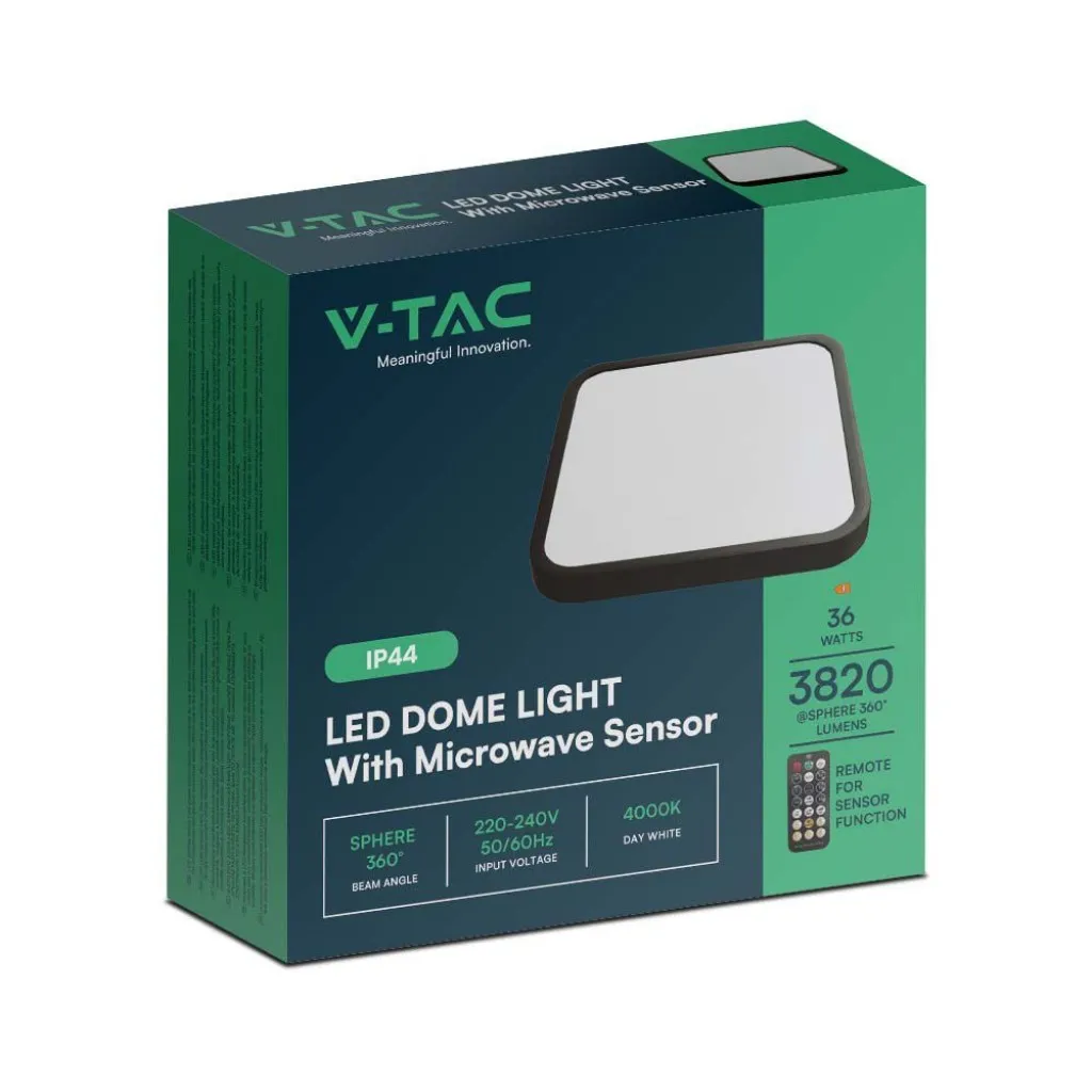 V-TAC Plafoniera LED Quadrata 36W con Telecomando e Sensore di Movimento a Microonde Colore Nero 4000K IP44 - immagine 1