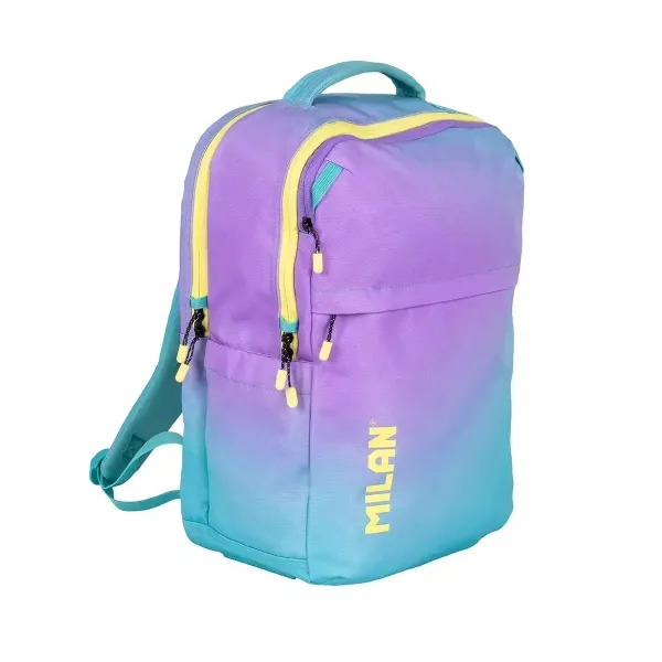 Zaino scolastico Milan Sunset 25L - 5 cerniere - Tasche laterali - Scomparto imbottito per laptop da 16 - Spallacci imbottiti e regolabili - Turchese/Viola - immagine 1