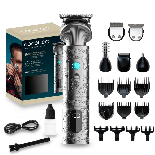 Cecotec PrecisionCare Samurai Rasoio e rifinitore 6 in 1 con base - Autonomia della batteria: 170 minuti - Accessori inclusi - Lame in acciaio inossidabile - Testine rifinitrici incluse - Pettini guida inclusi - Grigio - immagine 1