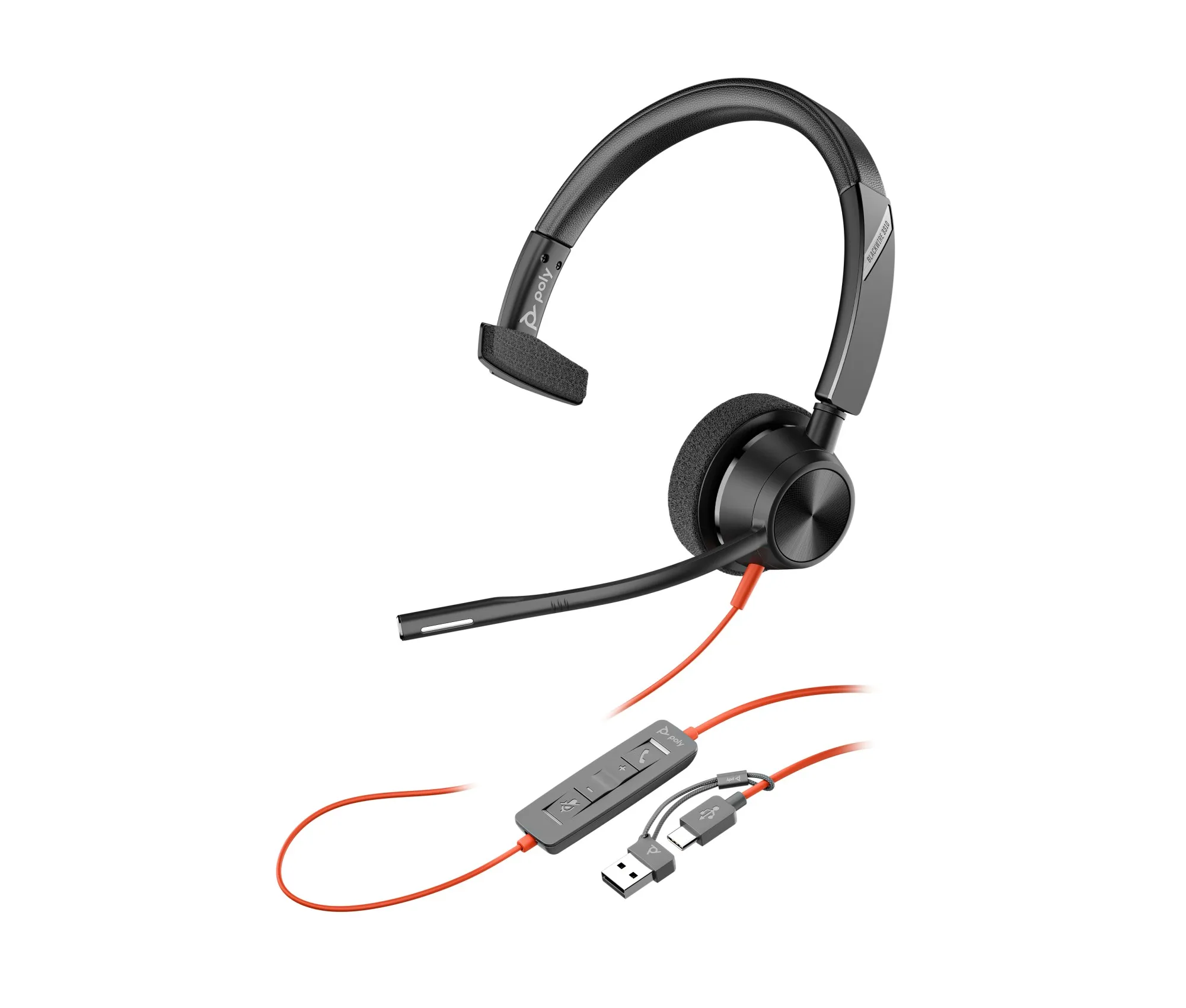 Blackwire 3310 USB-C Cuffie monoaurali Poly Blackwire 3310 con connettore USB-C certificate per Microsoft Teams + adattatore USB-C/A - immagine 1