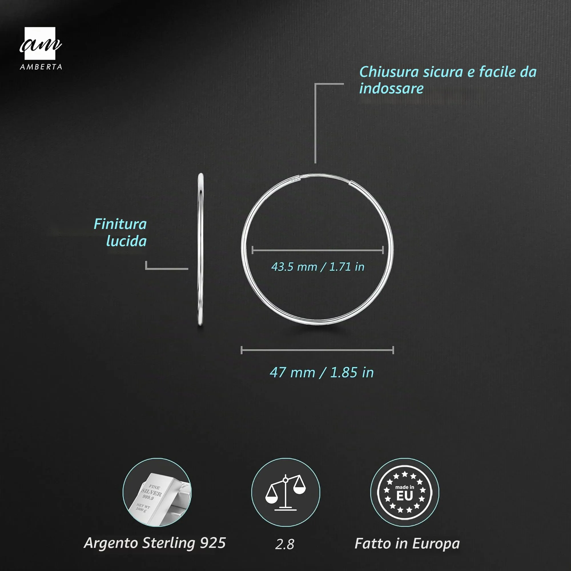 Amberta Orecchini a Cerchio da Donna in Argento Sterling 925: Diametro 40 mm - immagine 3