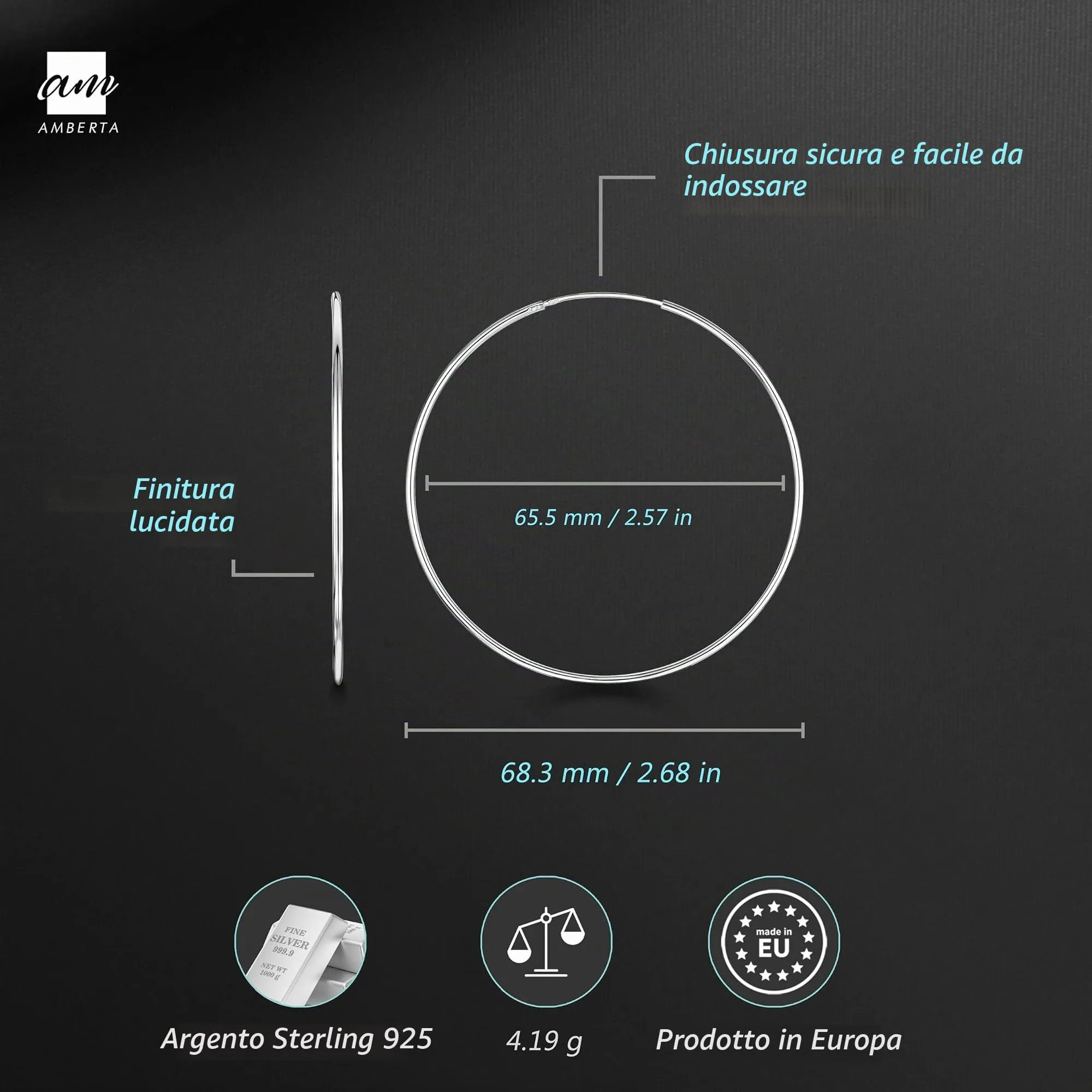 Amberta Orecchini a Cerchio da Donna in Argento Sterling 925: Diametro 60 mm - immagine 3