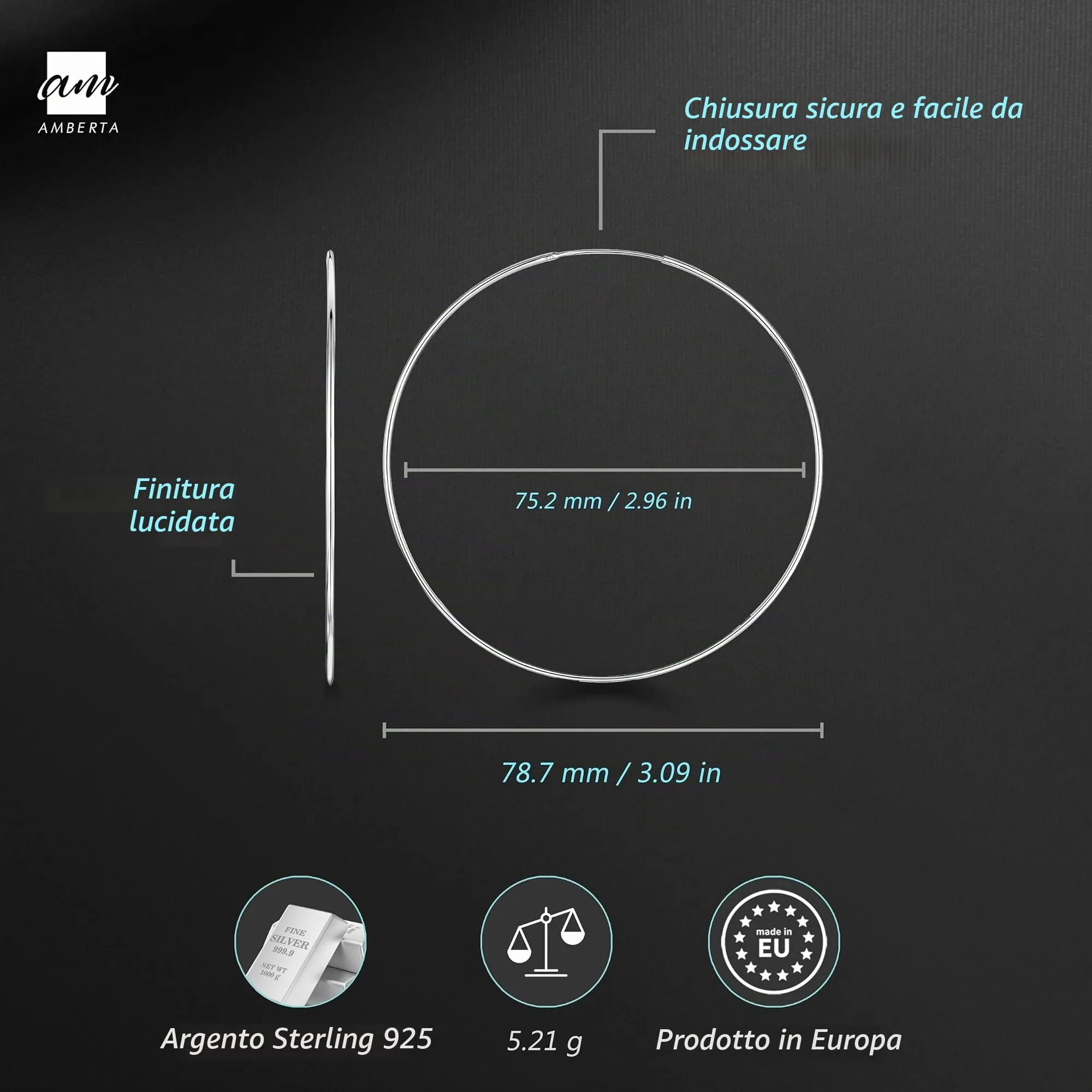Amberta Orecchini a Cerchio da Donna in Argento Sterling 925: Diametro 75 mm - immagine 3