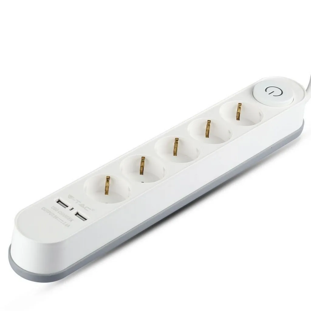 V-TAC Multipresa con Cavo 3m 5 Prese 16A con Interruttore Luminoso e 2 USB Colore Bianco - immagine 1