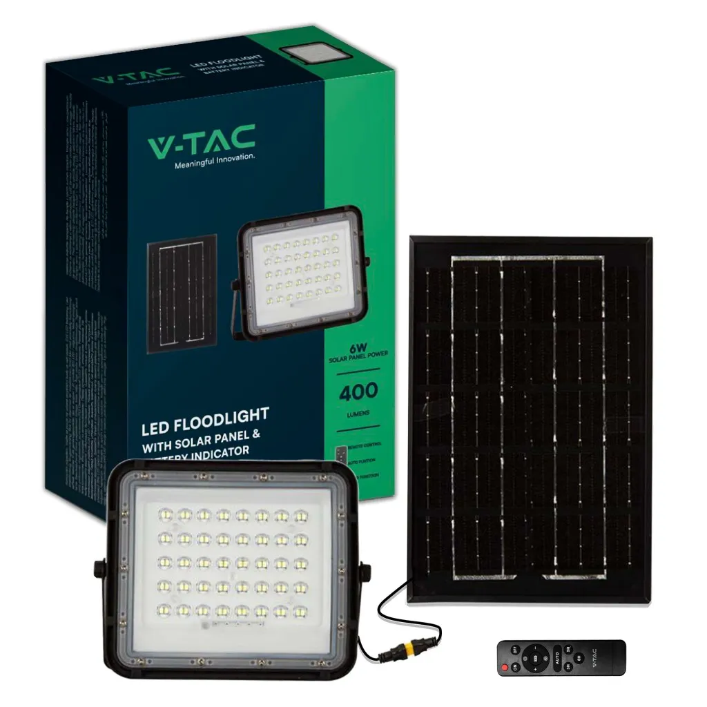 V-TAC Faro LED con Telecomando e Pannello Solare 6W Batteria sostituibile Cavo da 3m Colore Nero 6400K - immagine 1