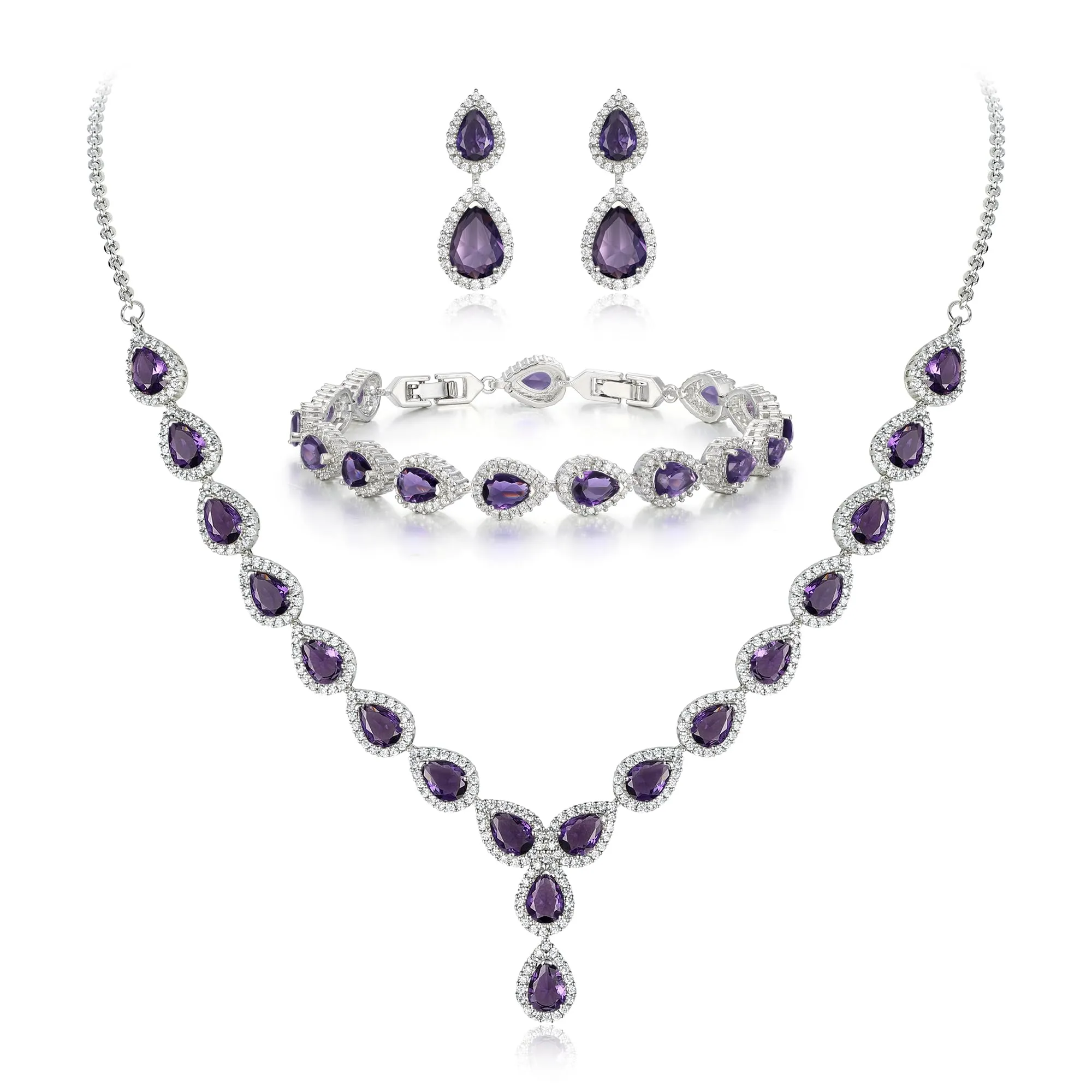 Clearine Gioielli Donna 3-Set Matrimonio Parure per Sposa - Elegante e Splendente Nuziale zircone Infinito Figure 8 Y-Collana Orecchini Braccialetto Pendenti Set Viola Argento-Fondo - immagine 1