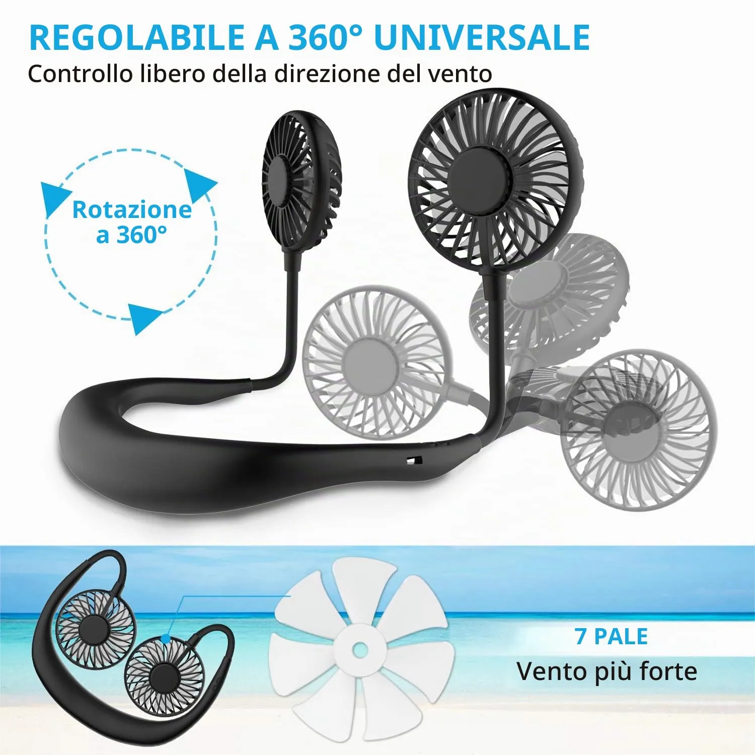 Mini ventilatore portatile da collo, mani libere, ricaricabile tramite USB, con fascia da collo, ventilatore per collana, ventilatore con doppia testa a vento, impostazioni a 3 velocità, per viaggi, - immagine 4